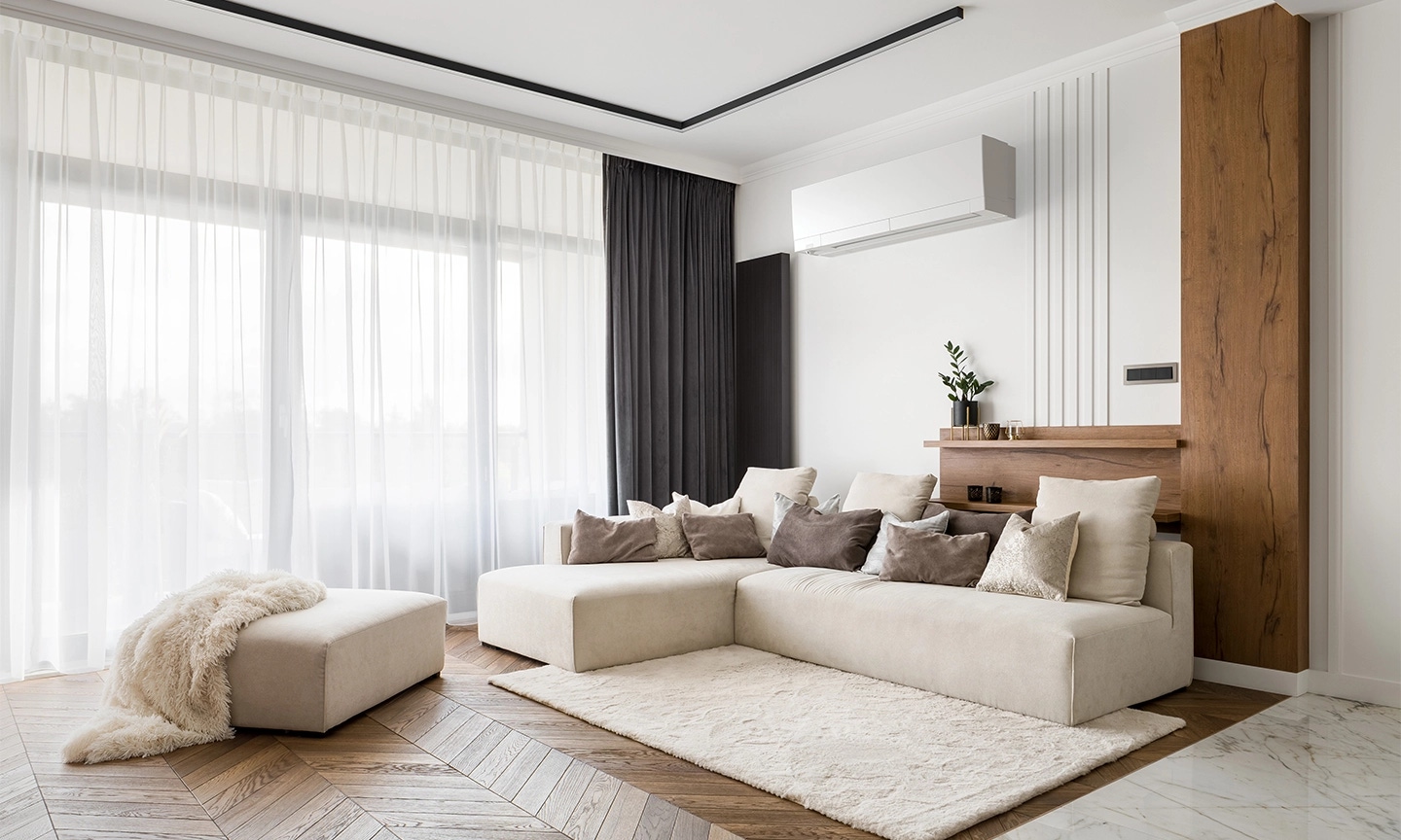 living room with a mini-split installed, Massachusetts heat pump rebates